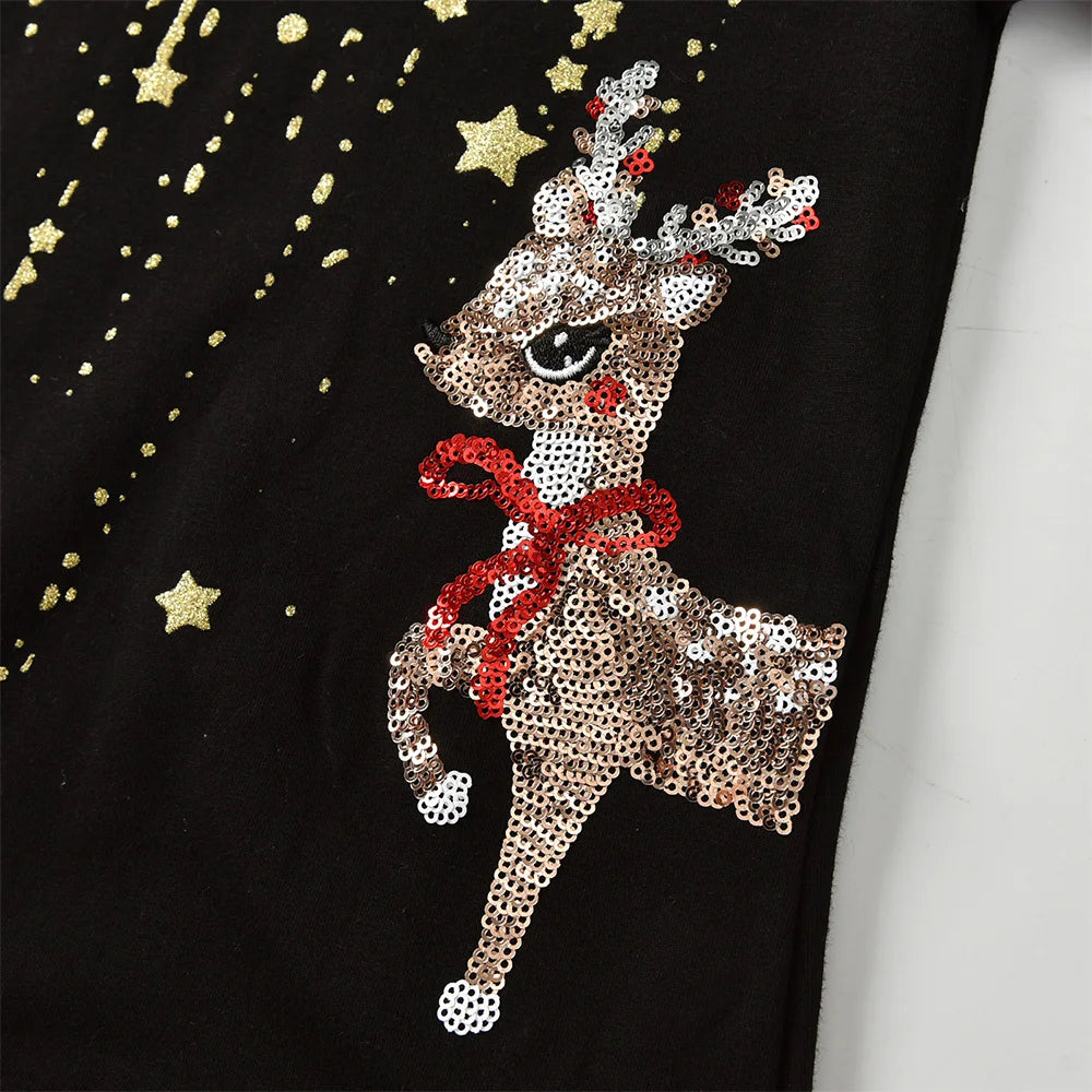 VIKITA Girls Christmas Dress Kids Golden Stars Reindeer Sequined Appliqued Festival New Year Holiday Party Bow Knot Gift Dresses