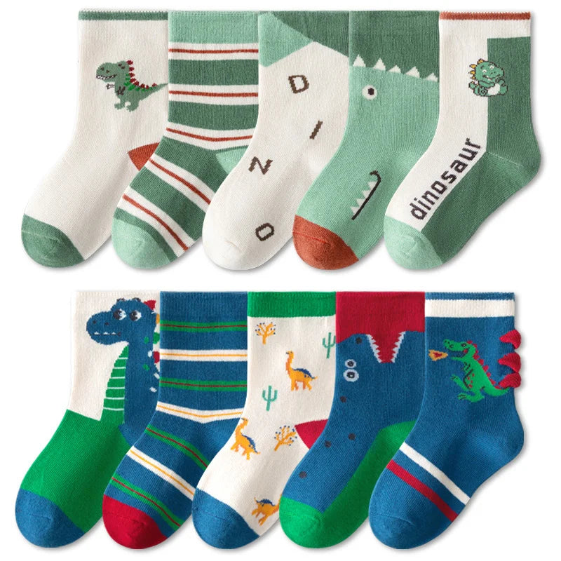5/10 pairs/lot Kids Casual Socks for Boys 2025 New Cartoon Dinosaur Print Children Ankle Short Breathable Cotton Toddler Sock