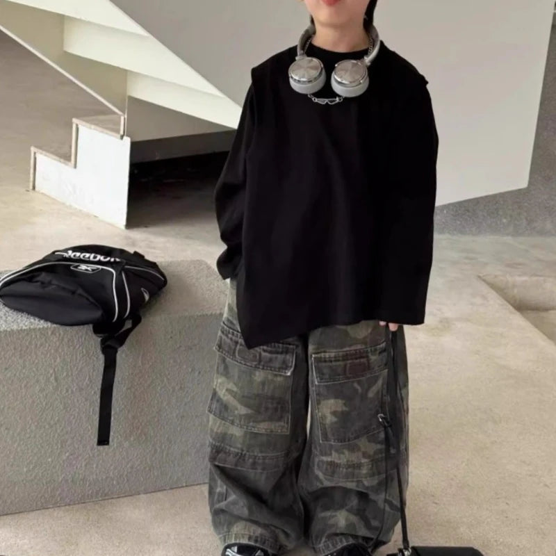 Boys' Vintage Hip-Hop CAMO Wide-Leg Jeans Kids' Spring Autumn 2025 New Release Medium-Large Denim Pants