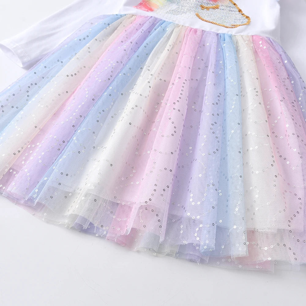 VIKITA Children Clothes Girls Autumn Spring Long Sleeve Colorful Dress Kids Licorne Mesh Tulle Princess Party Frocks 8 Years Old