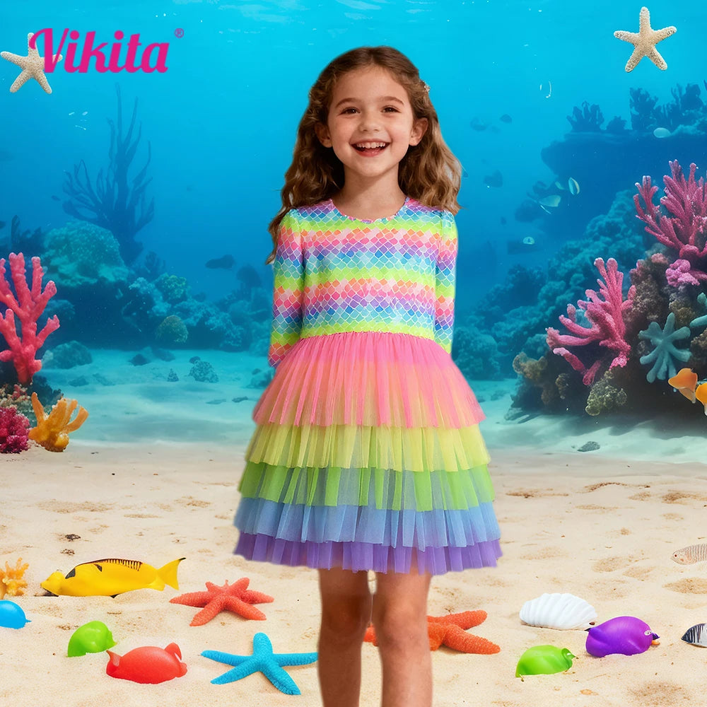 VIKITA Meerjungfrauen-Tutu-Kleid für Teenager und Mädchen, farbenfroh, gestuft aus Tüll und Netzstoff, Prinzessinnenkleid, Kostüm für Kinder von 3-12 Jahren