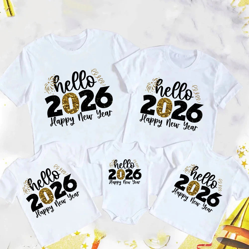 Hello 2026 Family Matching Outfits Happy New Year Dad Mom and Daughter Son Tshirt Baby Romper Family Look New Year's Clothes