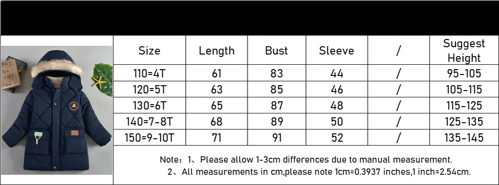 New Winter Boys Jacket Long Style Letter Print Thick Warm Hooded Coat Fur Collar Down Cotton Outerwear For 4-10 Years Kids