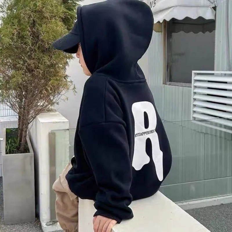 2025 New Boys' Mid-Large Maillard Fleece-Lined Hooded Hoodie - Stylish Autumn Winter Spring Kids' Top
