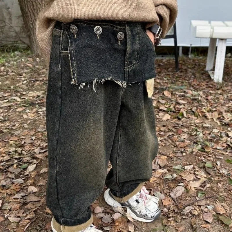 Boys' Autumn Winter Thermal Fleece-Lined Korean-style Patchwork Jeans - Thickened One-Piece Long Pants Spring Autumn New