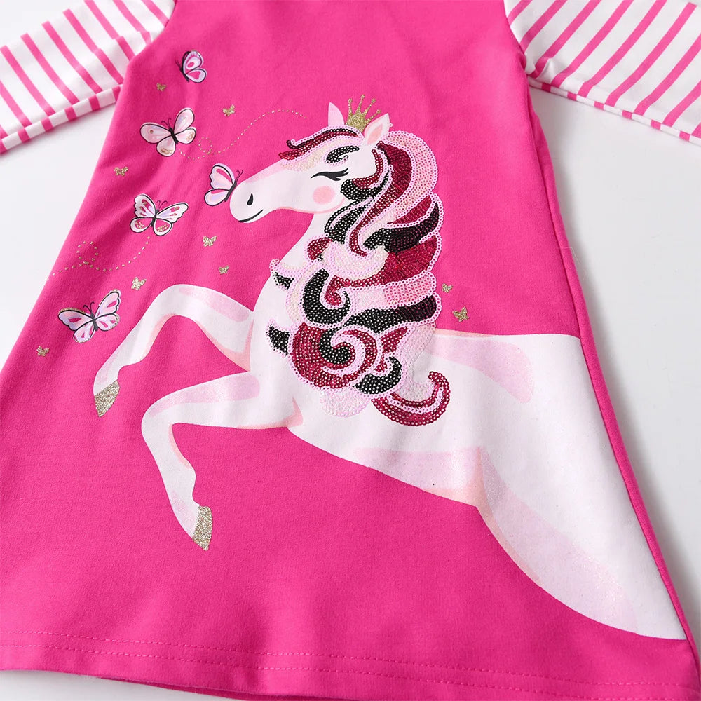 VIKITA Kids Cotton Casual Street Fashion Dress Girls Licorne Butterfly Sequined Appliqued Hooded Dresses Kids Cute Pink Dress