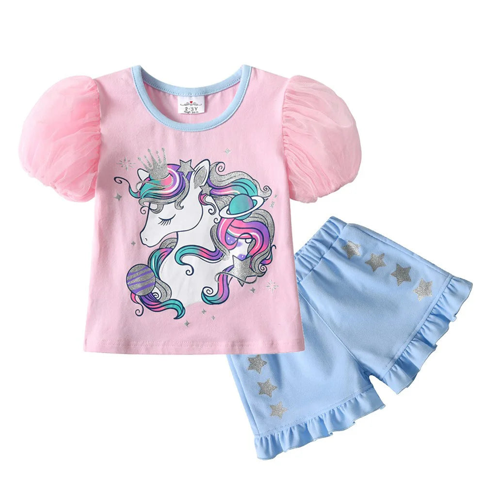 VIKITA Girls Clothing Sets for Summer Kids Unicorn Cartoon Print Short Sleeve Cotton T Shirt and Ruffles Shorts Pants 2 Pcs Suit