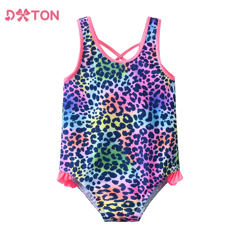 DXTON One-Piece Girls Vest Swimsuits Quick Drying Children Bathing Suits Leopard Print Summer Holiday Kids Beachwear Costumes