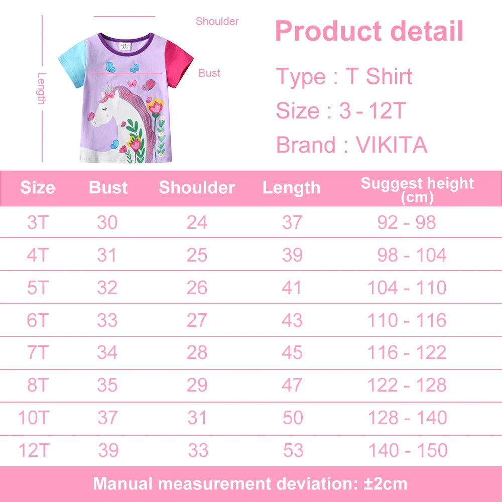 VIKITA Girls O Neck Short Sleeve Summer T Shirt Kids Unicorn Flower Cartoon Print T Shirts Girls Daily Cotton Casual Tops Wear