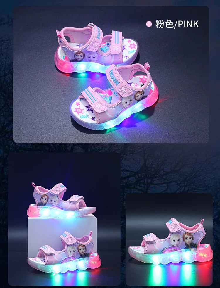 Disney Boys Girls Frozen Elsa Princess Led Light Up Luminous Sports Sandals Summer Kids Sandals Non-slip Toddler Shoes Size 21-3