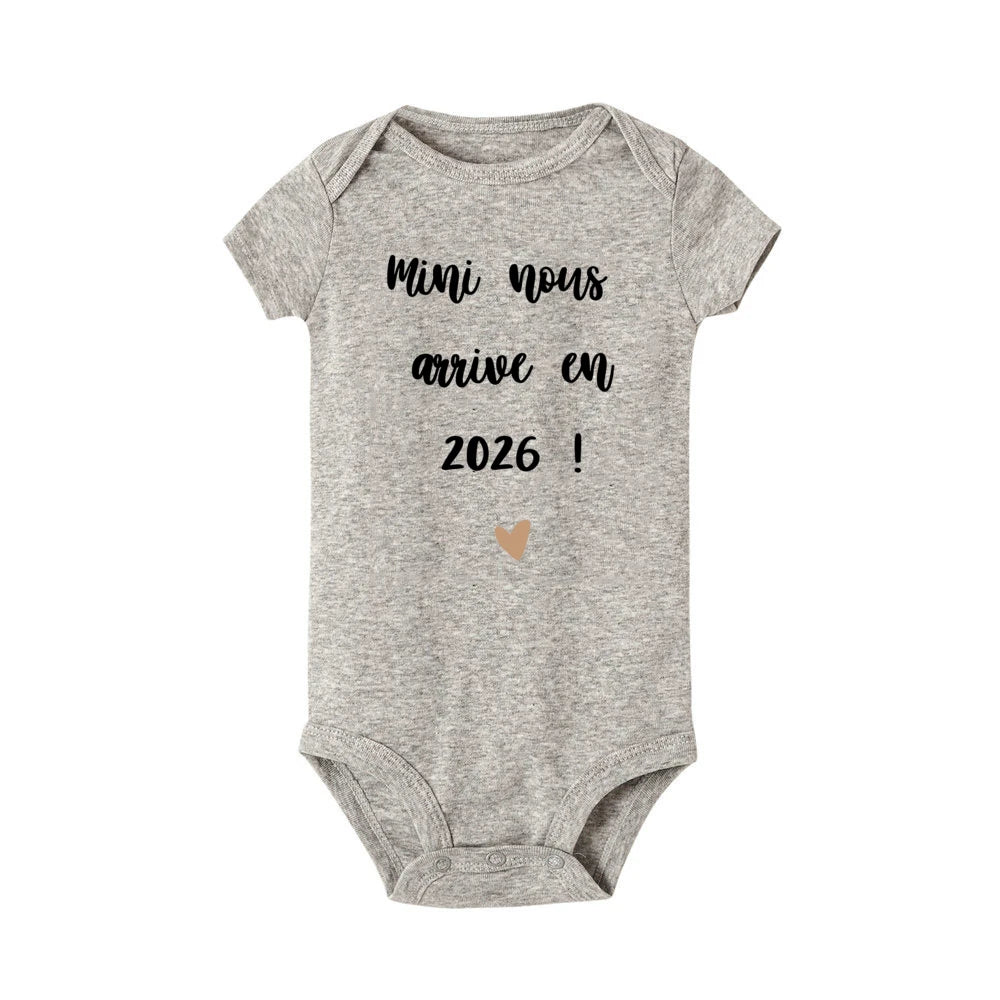 Mini Nous Arrive on 2026 Infant Romper Baby Casual Short Sleeve Jumpsuit Newborn Rompers Pregnancy Reveal Clothes