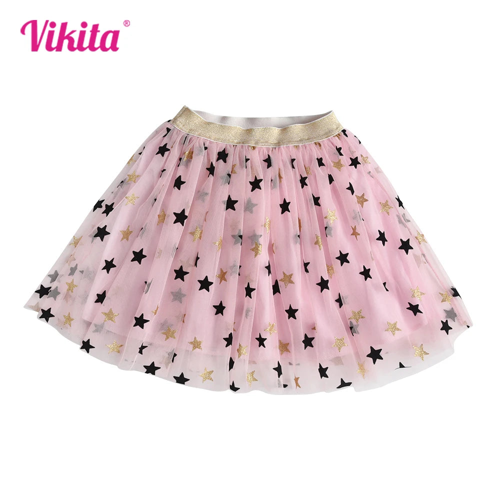 VIKITA Girls Star Sequins Appliqued Skirts Girls Birthday Party Prom Gwon Kids Mesh Tulle Pink Daily Casual Princess Mini Skirts
