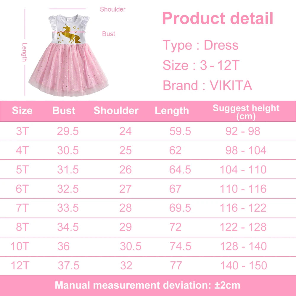 VIKITA Girls Licorne Print Dress Girls Flare Sleeve Summer Dresses Kids Birthday Party Patchwork Princess Elegant Cute Dresses