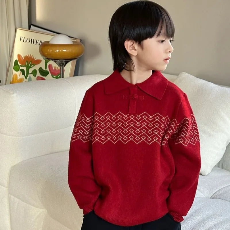Boys' Red POLO Knit Sweater 2025 Autumn/Winter New Big Kids New Year Outfit Traditional Chinese Style Warmth Crossover Sweater