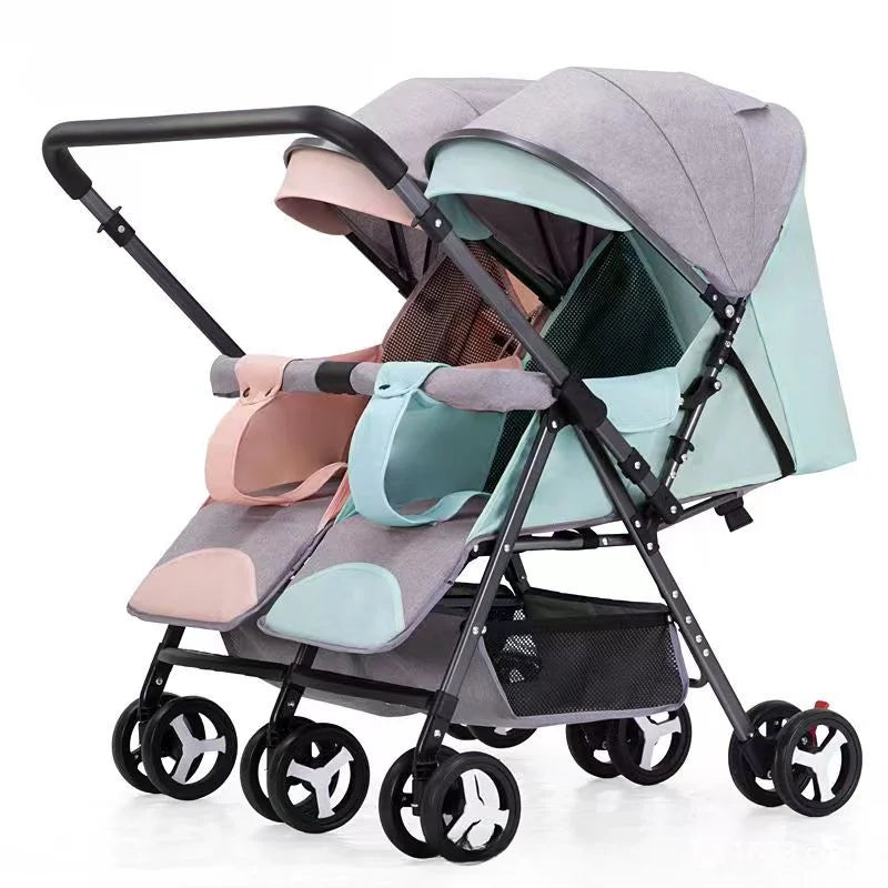 Double Stroller Sit & Lying Side By Side Lightweight Foldable Twin Umbrella Stroller with Universal Front Wheel Two-way Stroller