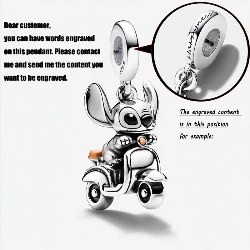 Customizable engraved 925 Sterling Silver Dangle Charm Stitch ride a motorcycle pendant for Original DIY Bracelet Fine Jewellery