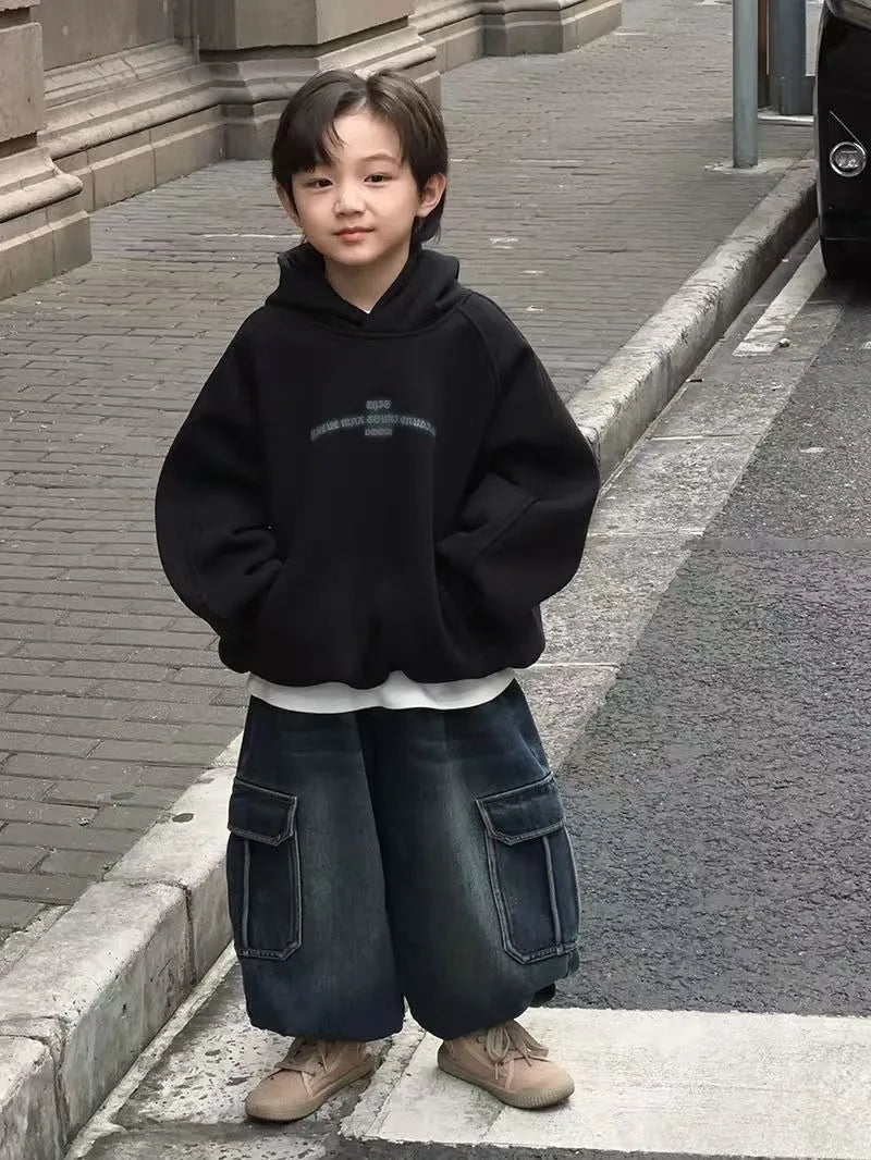 2025 New Boys' Vintage American-Style Mid-Large Slouchy Loose Fit Thickened Fleece-Lined Casual Hoodie for Autumn Winter