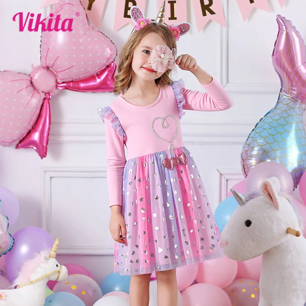 VIKITA 2025 Kinderkleidung Mädchen Herbst Frühling Langarm Rosa Kleid Kinder Herzform Mesh Tüll Prinzessin Party Sternenkleider