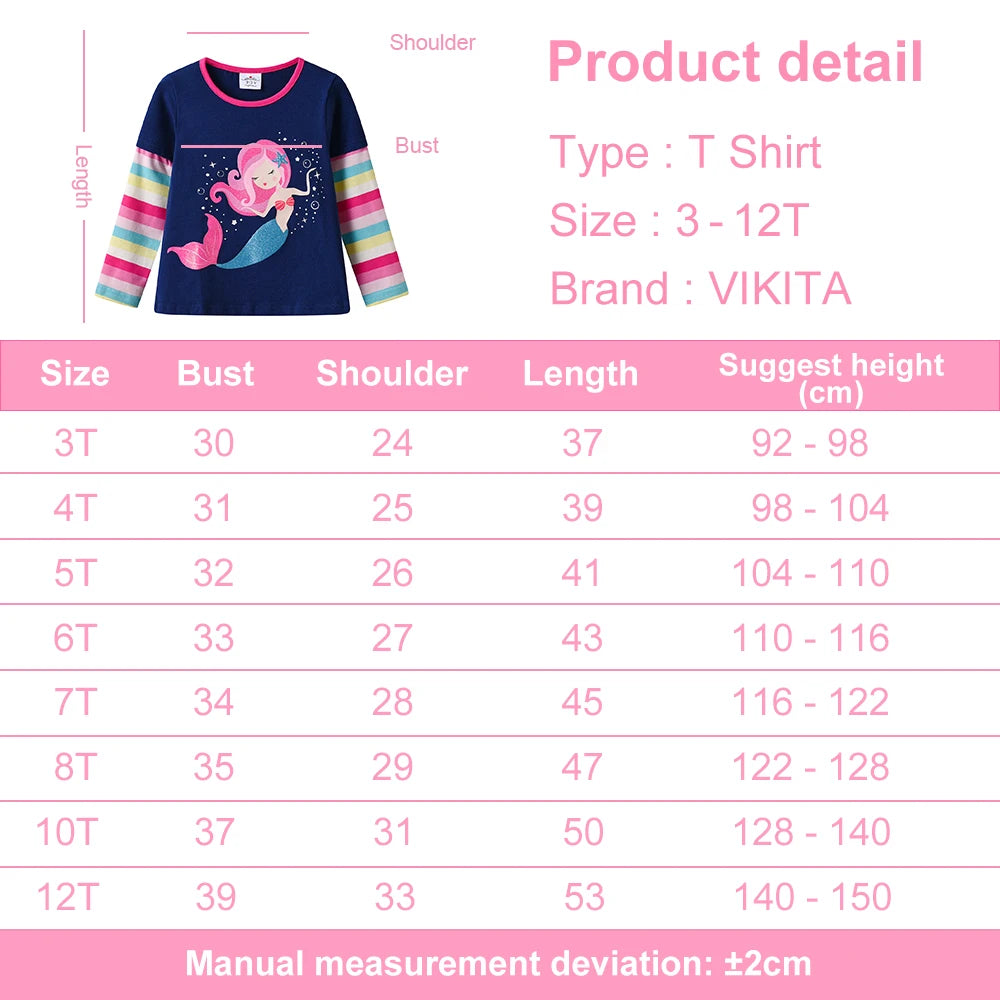 VIKITA Girls Long Sleeve Cotton Casual Tops and Tees Toddlers Mermaid Cartoon Print Navy Blue Spring Autumn Daily Cute Clothes