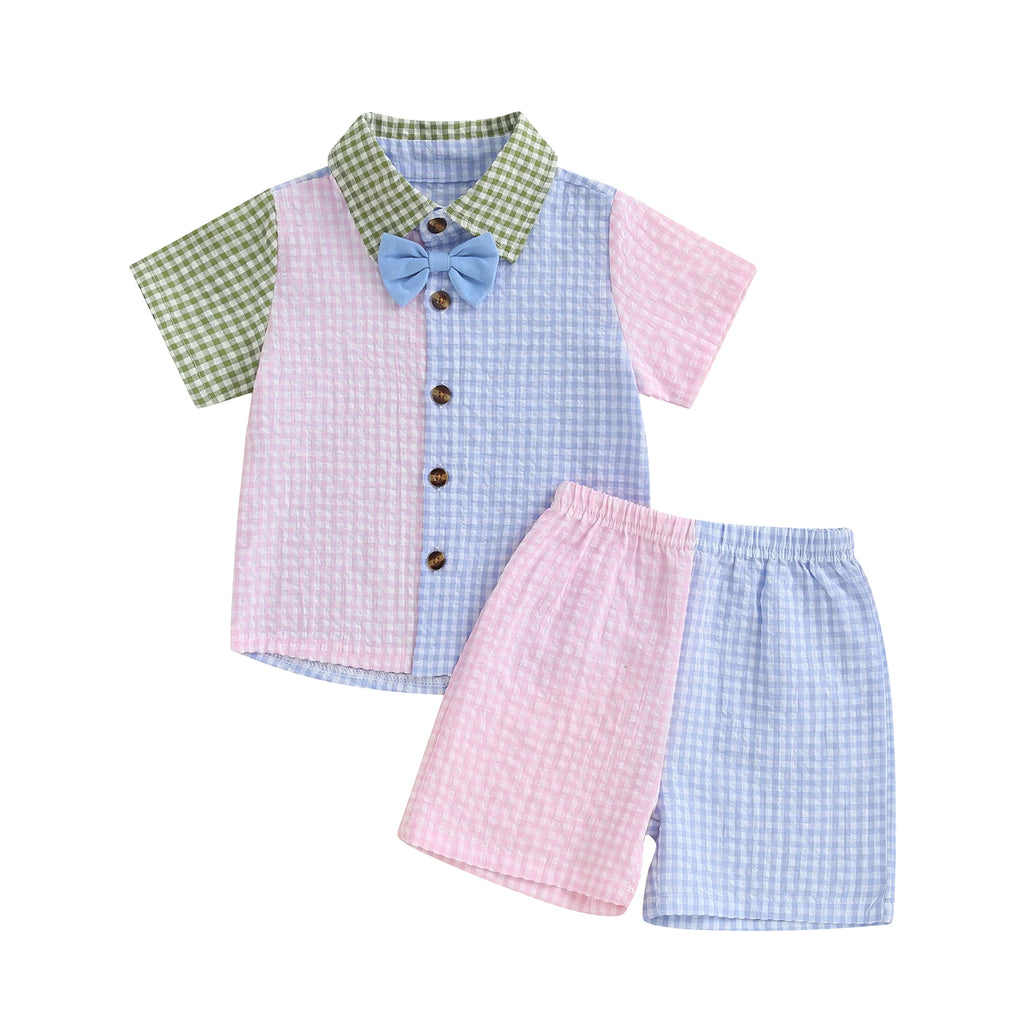 Toddler Boys Summer Outfit Striped Short Sleeve Shirt with Drawstring Waist Shorts Set Kids Casual Plaid Clothing