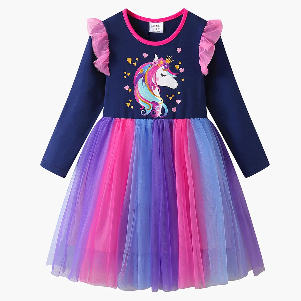 VIKITA 2025 New Kids Party Princess Dress Girls Unicorn Heart Shape Long Sleeve Spring Autumn Colorful Dress Toddlers Tops Wear