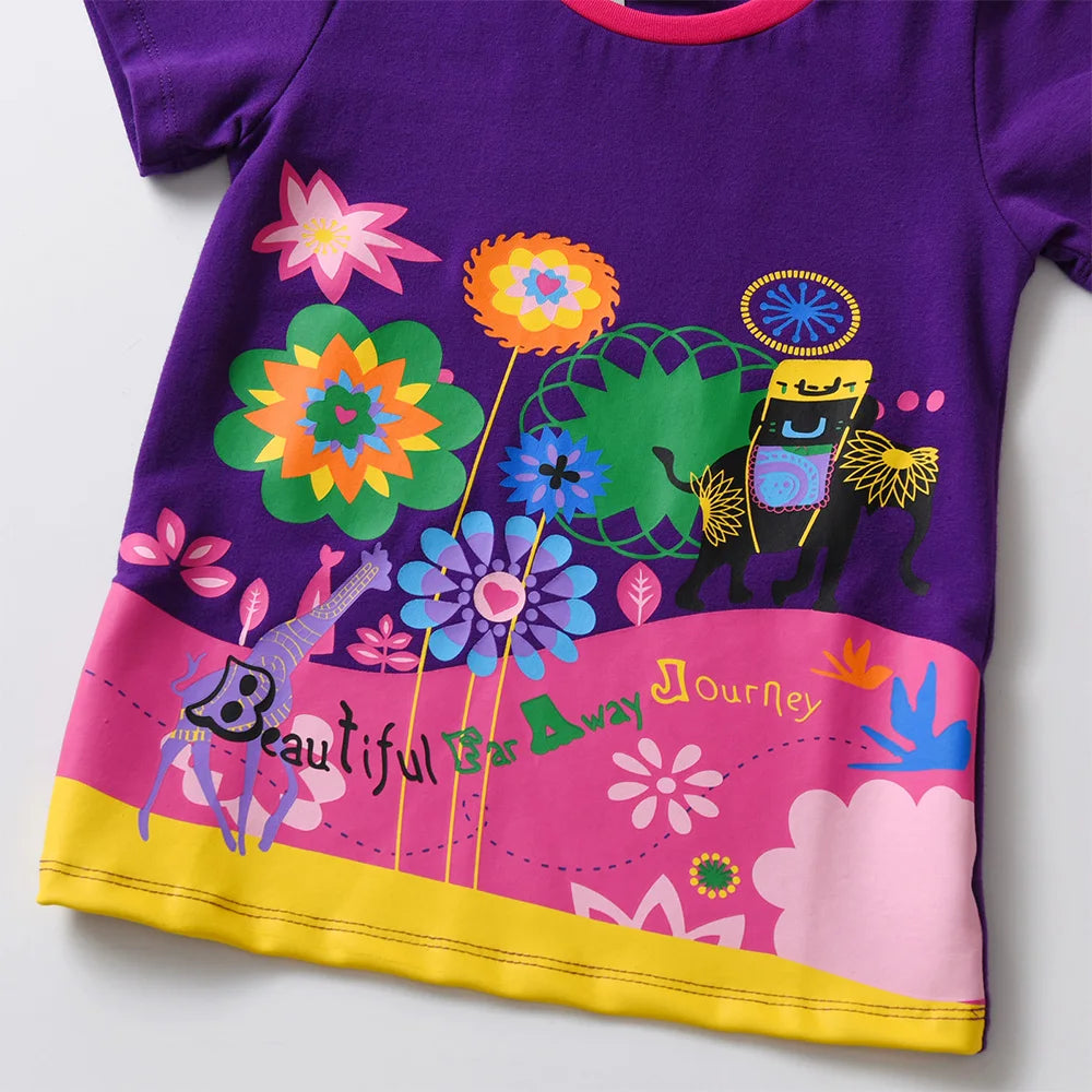 Kids Purple Floral Print Short Sleeve T Shirt Kids Cotton Casual Animal Print Tops and Tees Toddlers Casual Outdoor Trips Wear