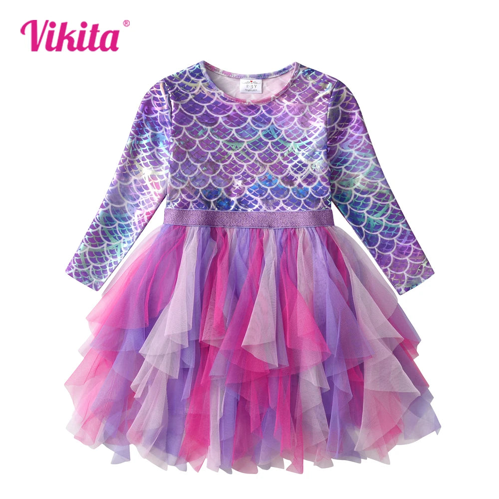 VIKITA Girls Princess Dress Long Sleeve Children Mermaid Print Dress Kids Irregular Prom Gown Tutu Girls Party Tulle Costumes