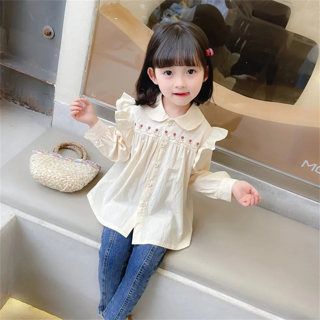 (Girls 0-5 years old) Autumn New Girls' Shirts Lace Pleated Flowers Decorated Doll Collar Blouse Blouse Blouse Blouse Blouse