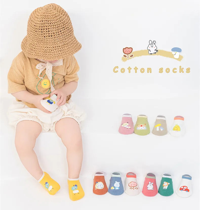 3Pairs Baby Non Slip Socks Cotton Casual Cartoon Print Boys Girls Toddler Floor Socks With Rubber Grips For 1-3Years
