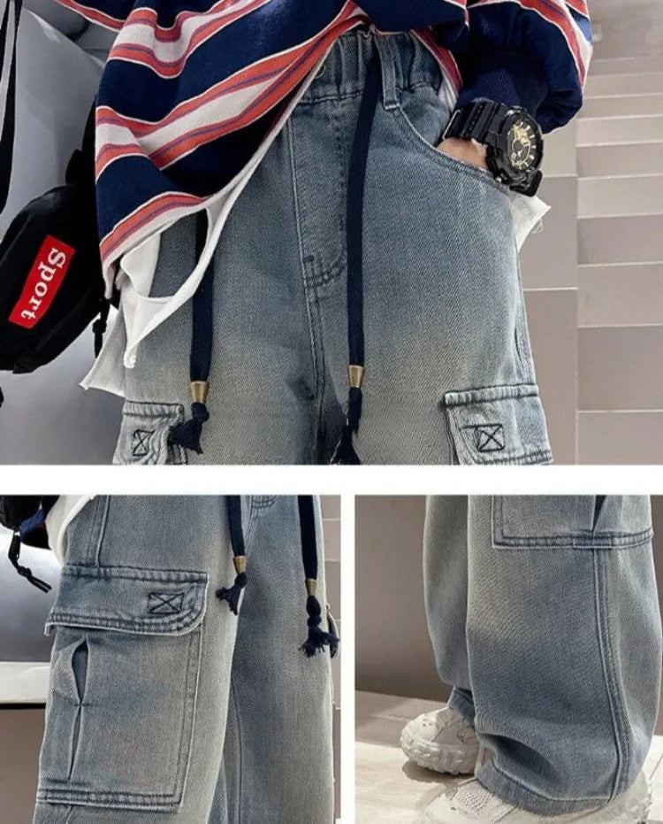 2025 Spring Autumn New Boys Loose Straight Jeans Lightweight Casual Pants for Tween Boys - Premium Denim Straight Leg Long Pants