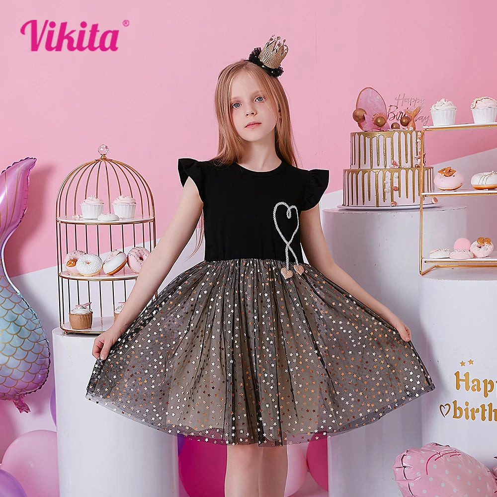 VIKITA Girls Prom Gown Birthday Party Performance Festival Elegant Sequins Princess Dresses Kids Flare Sleeve Mesh Tulle Dress