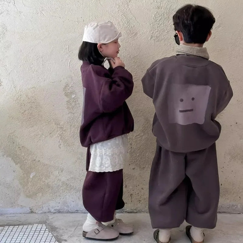 Fleece-Lined Sweatshirt Set 2025 New Children's Clothing Outdoor Clothes Boys Boys' Sets Korean Boy Outfit Top Bottom Kids Boy's