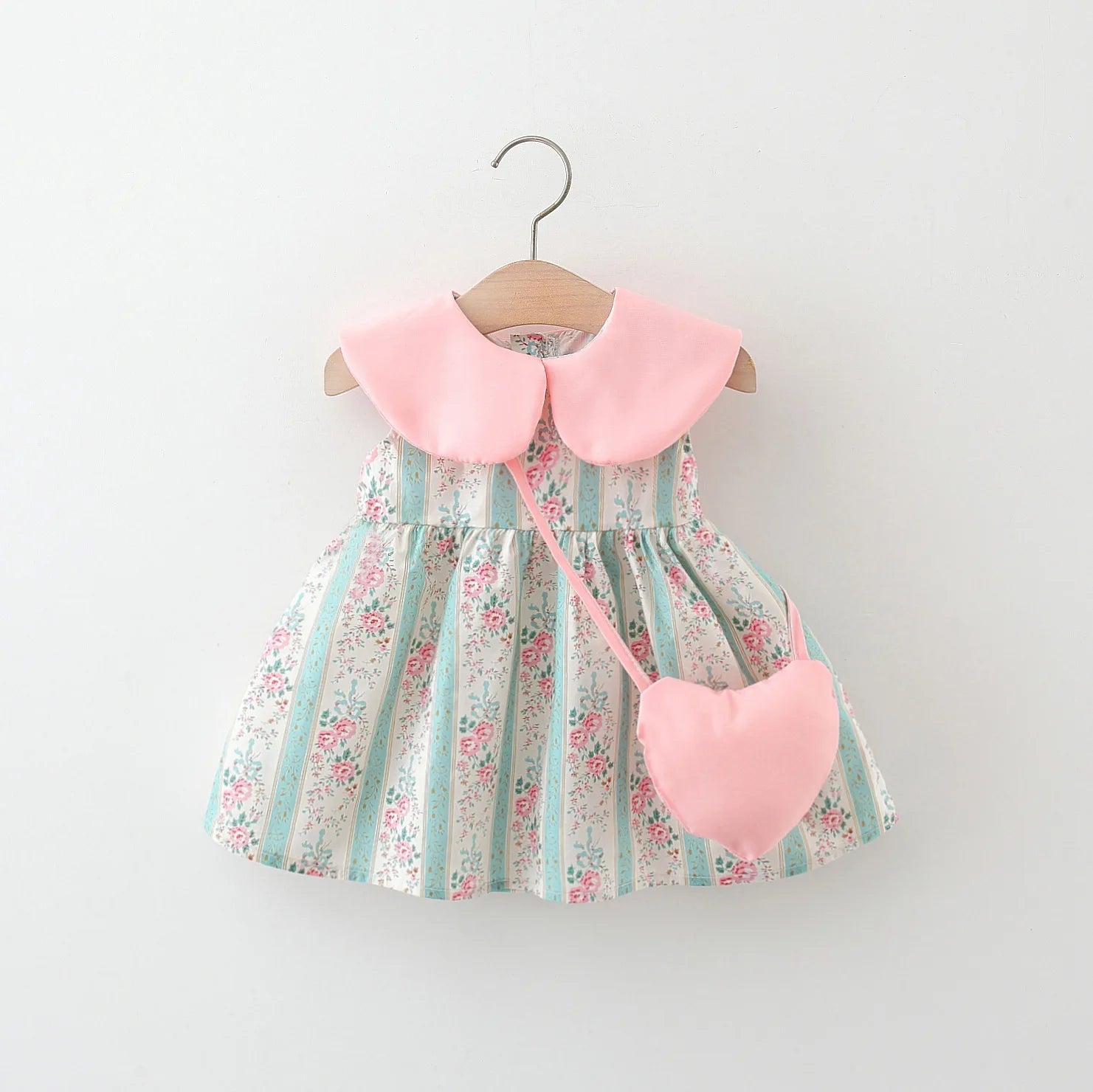 Summer New Pink Doll Neck Baby Girl Dress, Sweet Floral Children'S Sleeveless Clothes+Love Bag (9 Months -3 Years Old)