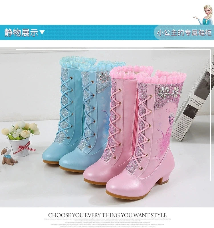 Disney Girls High Heel Boots Winter Children's Long Sleeved Plush Snow Warm Boots Princess Elsa Pink Blue Boots Size 27-37