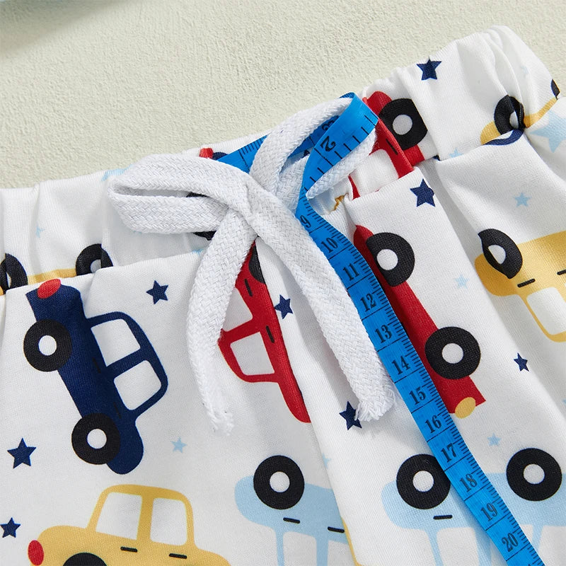 Toddler Boy Birthday Clothes Short Sleeve One Print Romper Car Pattern Long Pants Hat 3 Piece Outfit Set for Boys