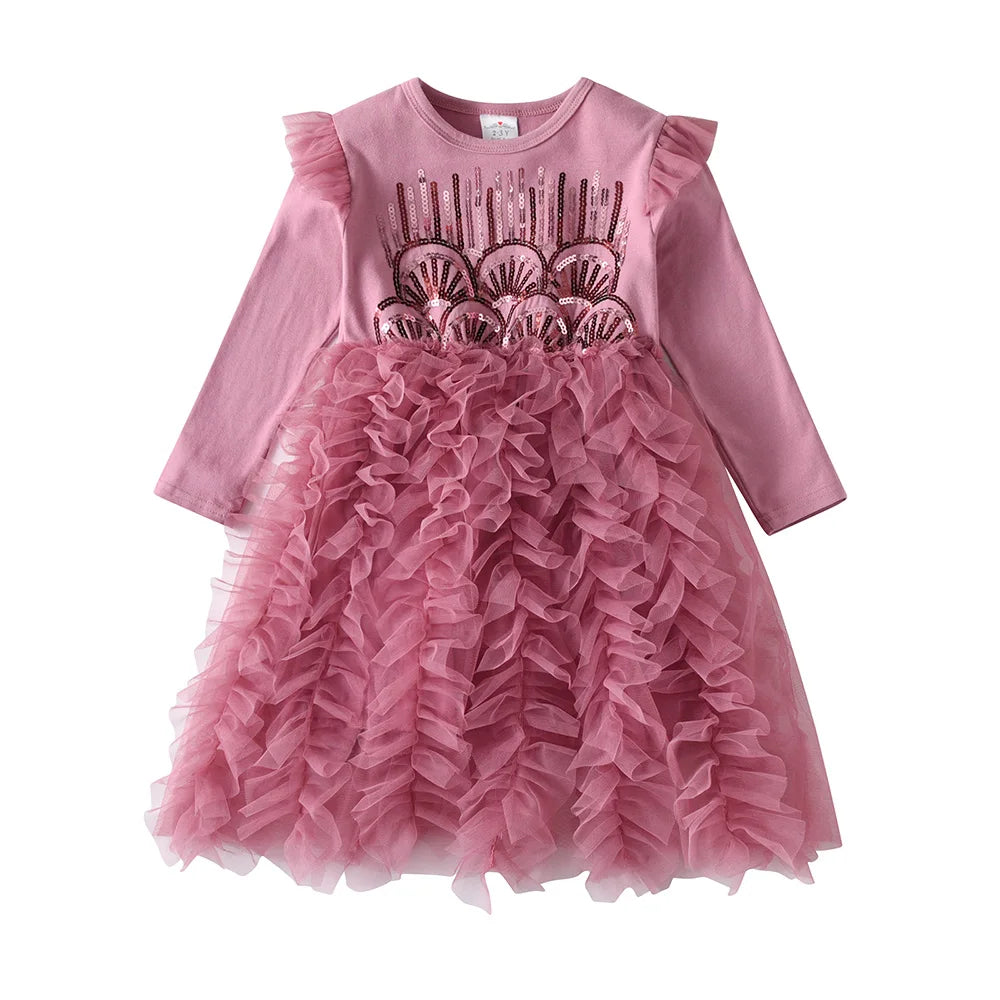 Girls Pink Ruffled Tulle Layered Mesh Cake Tutu Dress Kids Sequins Appliqued Glittery Shiny Performance Party Princess Dresses