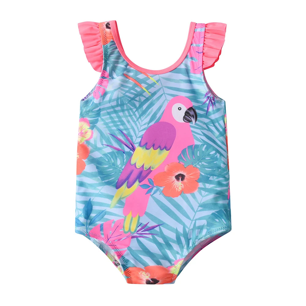 DXTON Toddler Baby Girls Swimsuits Elastic One Piece Kids Swimming Clothing Bird Flower Print Ruffled Vest Children's Beachwear