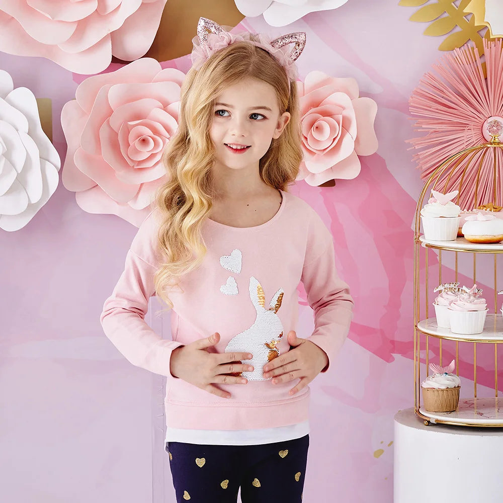 VIKITA Girl Long Sleeve Autumn Spring O Neck T Shirt Kids Rabbit Sequined Appliqued Cotton Casual Tops and Tees Children Clothes