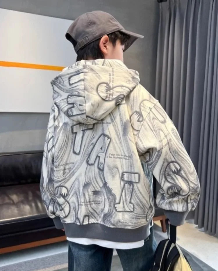 2025 New Boys' Mid-Large Spring-Autumn Trendy Brand Hooded Hoodie - Stylish Kids' Spring Wear Top