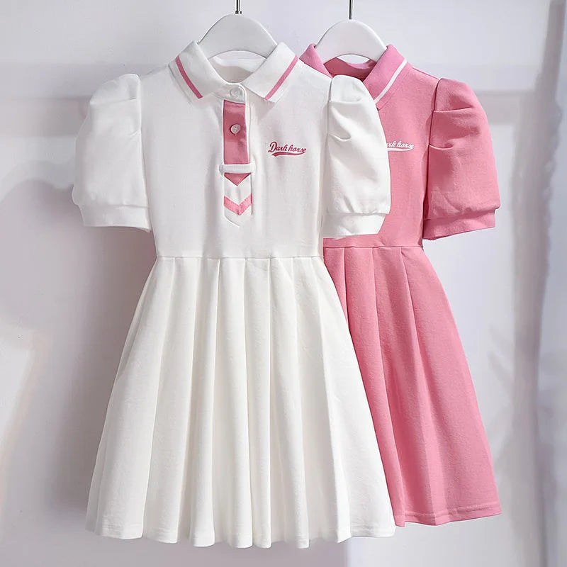 4-9Years Children Summer Dress Turn-Down Collar Girls Short Sleeve Solid Color Letter School Style Fashion Kid Dress