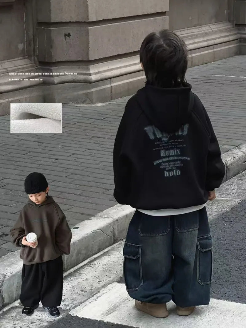 2025 New Boys' Vintage American-Style Mid-Large Slouchy Loose Fit Thickened Fleece-Lined Casual Hoodie for Autumn Winter
