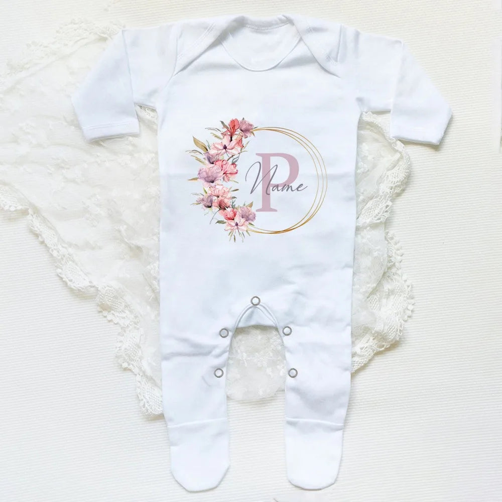 Personalised Wreath with Name Baby Babygrow Sleepsuit Custom Newbron Shower Gift Baby Coming Home Outfit Baby Boy Girl Clothes