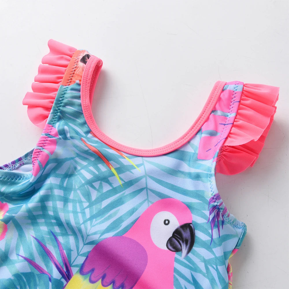 DXTON Toddler Baby Girls Swimsuits Elastic One Piece Kids Swimming Clothing Bird Flower Print Ruffled Vest Children's Beachwear