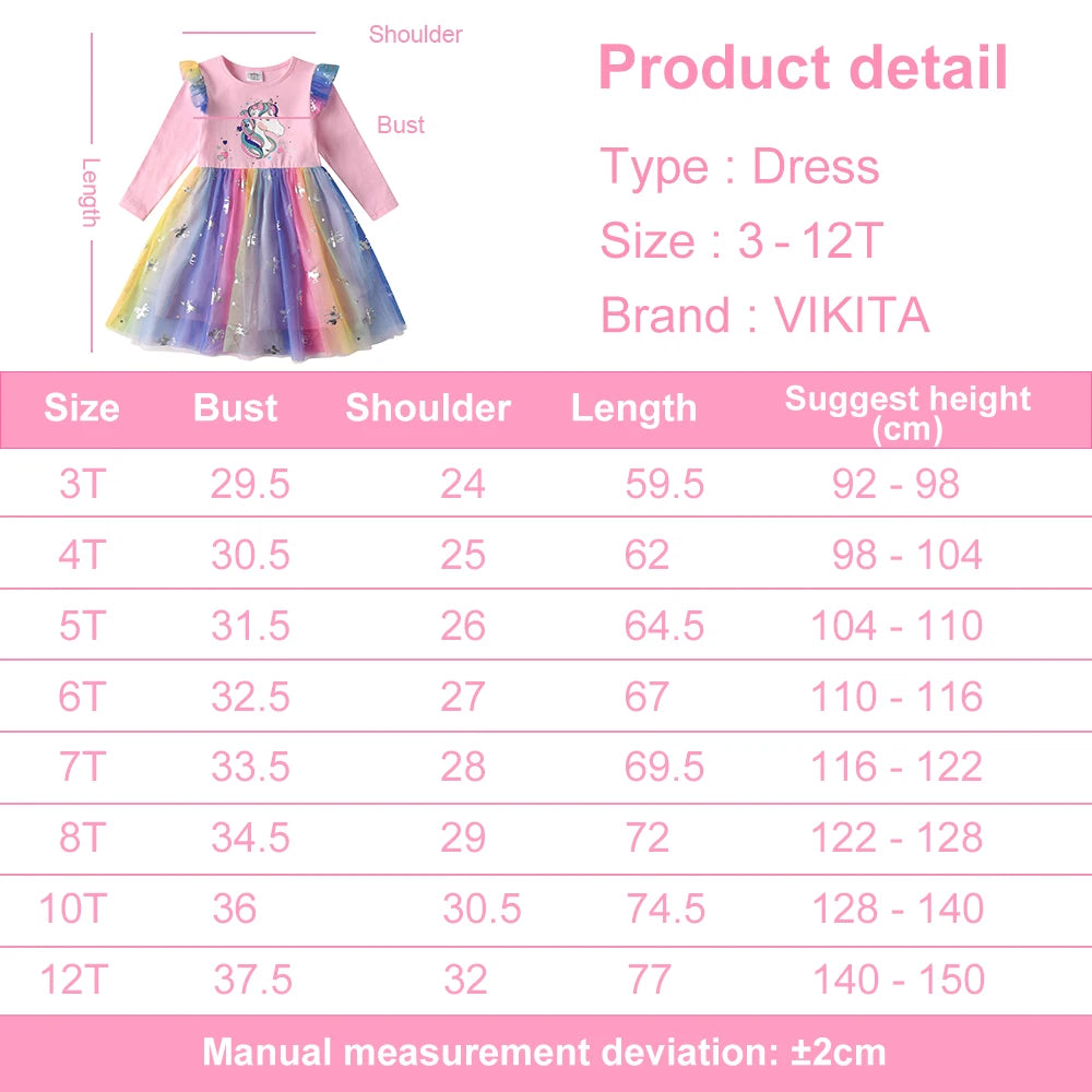 VIKITA Kids Colorful Rainbow Dress Girls Licorne Cartoon Autumn Spring Birthday Party Princess Casual Flare Sleeve Dress 3-12 Y