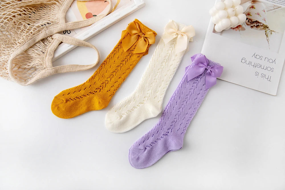 1 Pairs Summer Bow Baby Girls Socks Toddler Long Sock Infant Knee High Cotton Mesh Spanish Style Breathable Socks For 0-8Years
