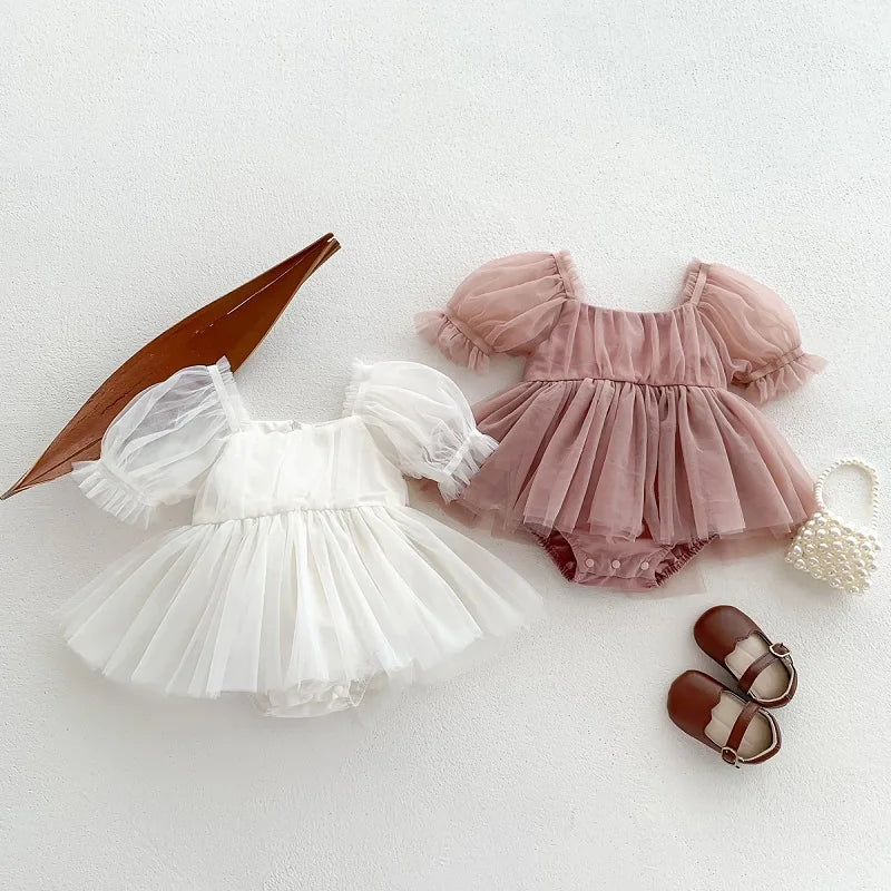 2025 Summer Baby Clothes 100 Day Baptism Birthday Party Sleeveless jumpsuit Mesh Bow Romper Girl Princess Dress