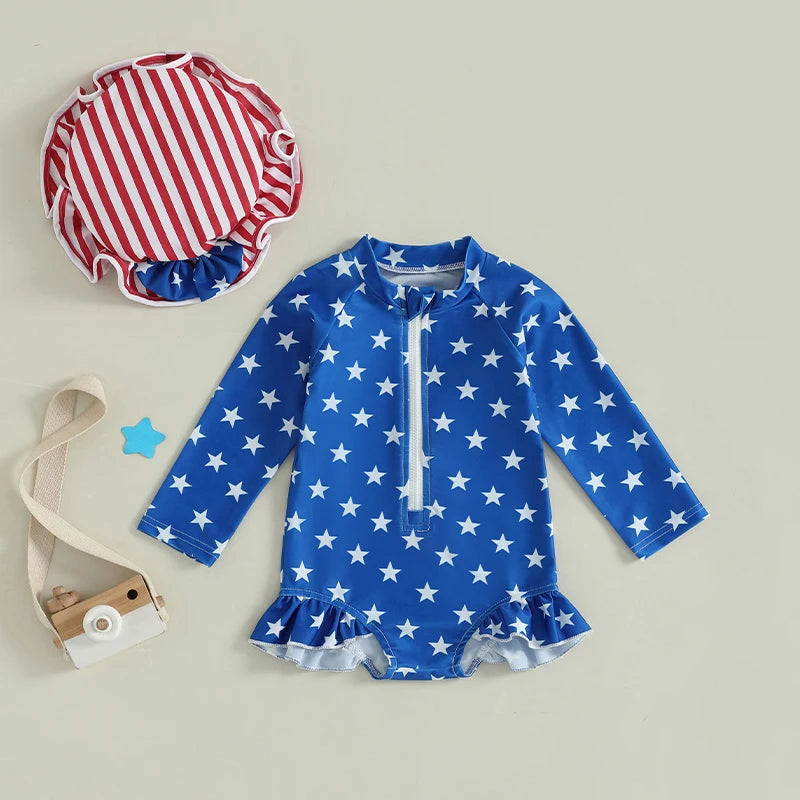 Children s Patriotic Swimsuit Set with Star and Stripe Print Ruffled Zipper Rash Guard Swimwear and Matching Swim Cap for