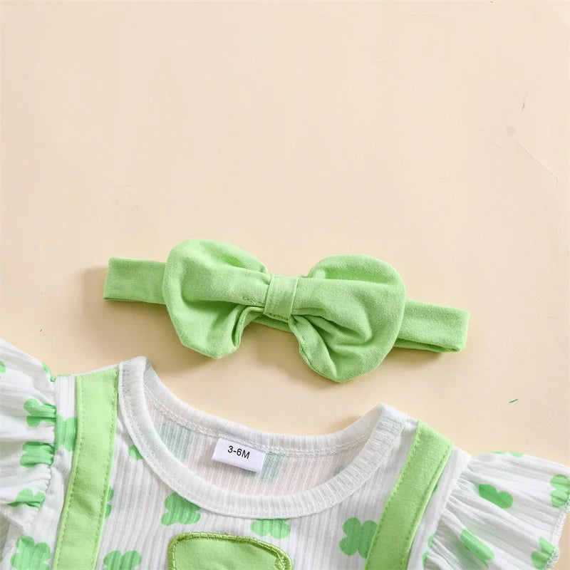 Infant Girls Floral Print Long Sleeve Romper Dress with Bear Embroidery and Matching Headband for Spring Season