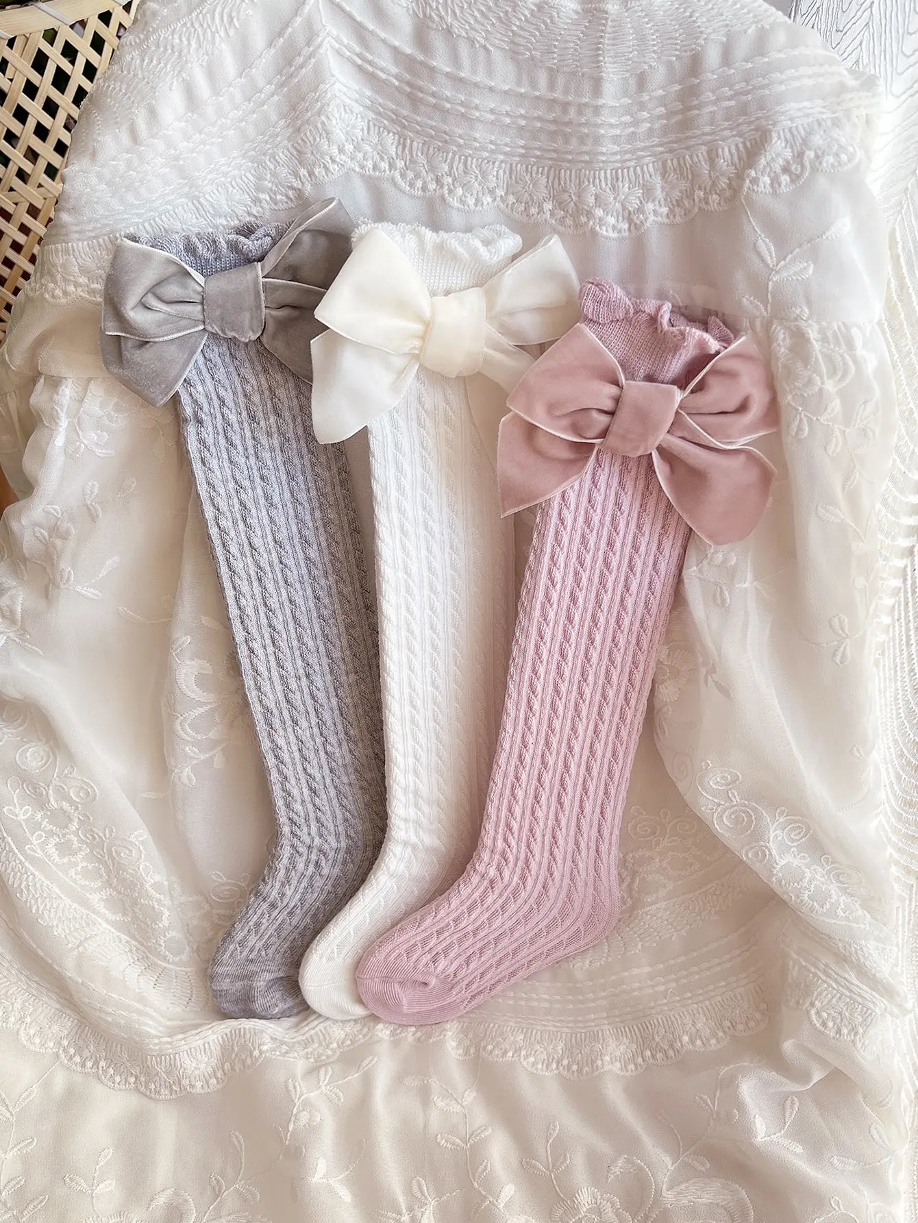 3pairs Girls Bow Decor Over The Calf Long Socks