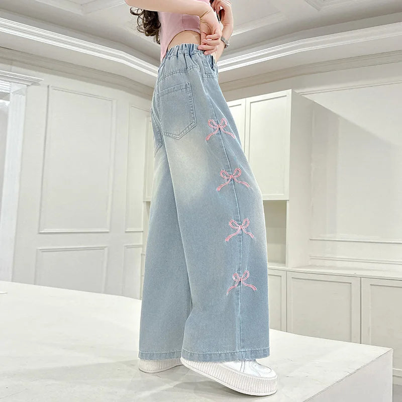 Girls' side pink bow embroidered wide-leg pants 2025 summer thin style slim straight pants suitable for outdoor 5-15 years old